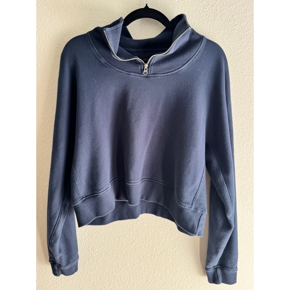 WSLY Rivington Quarter Zip Cropped Sweatshirt Navy Blue Fleece Pullover Medium